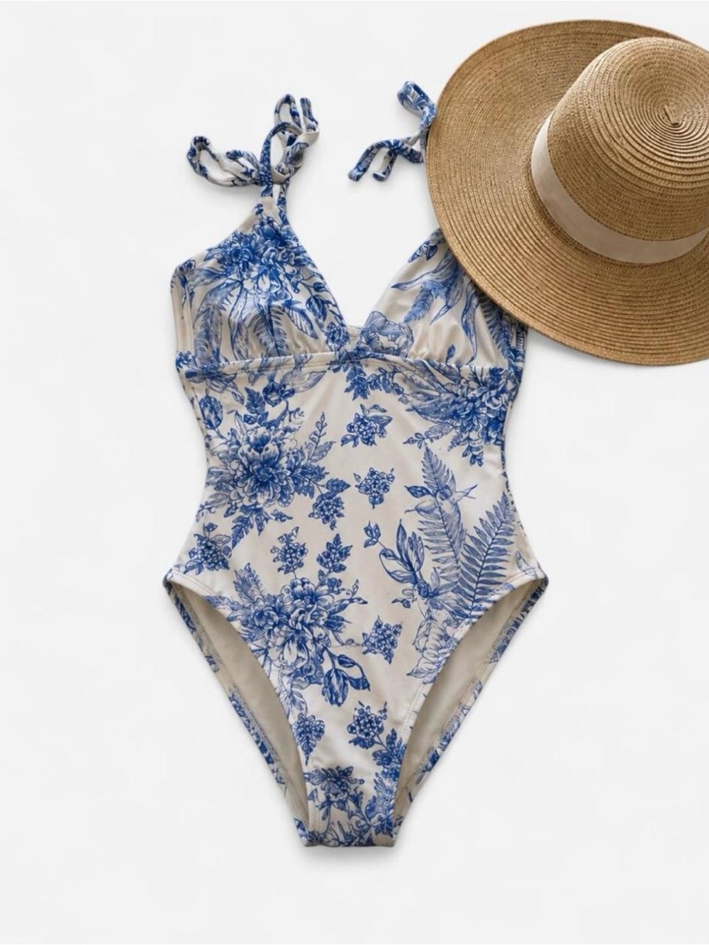 Kona Sol Blue Floral Toile One-Piece Swimsuit Women’s Medium Cottagecore Classy